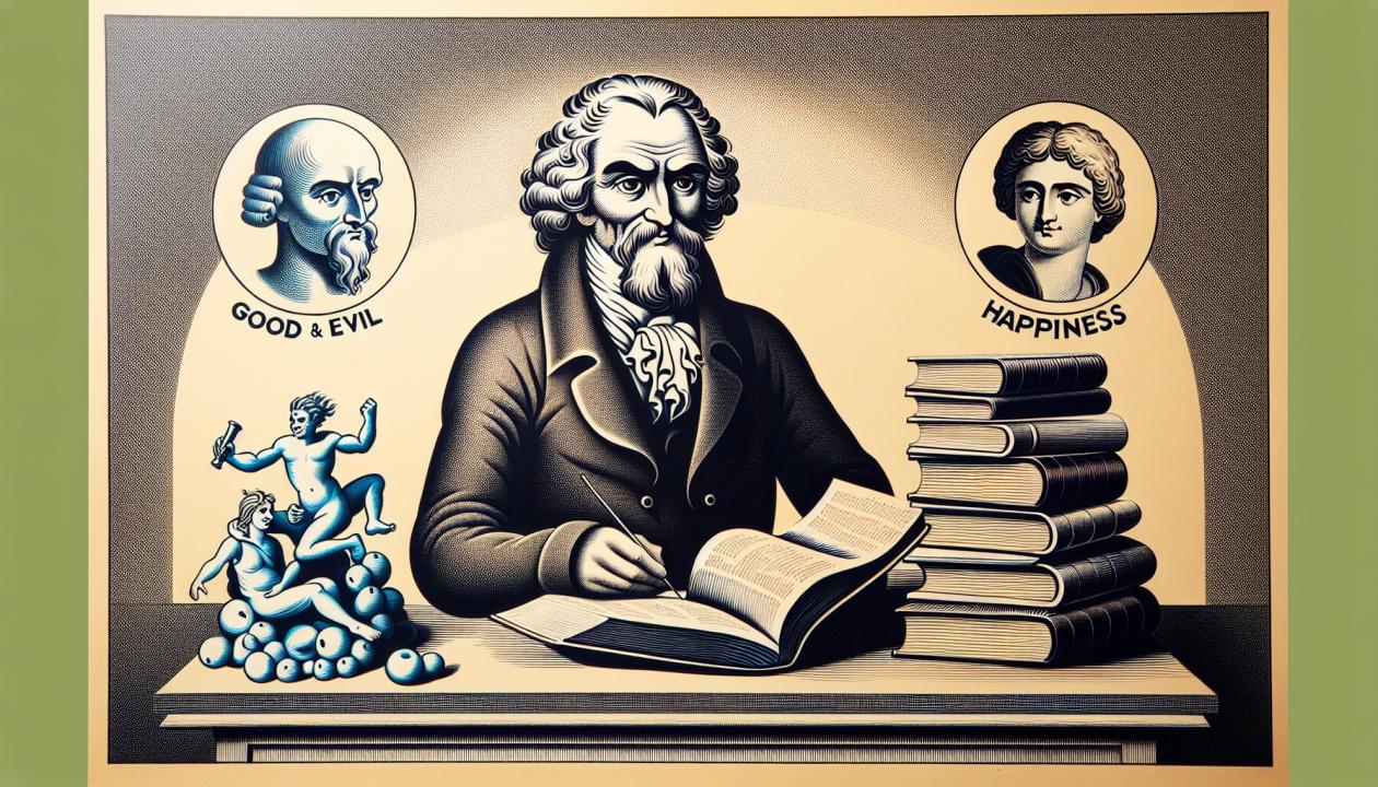 Изображение Вольтера с книгами, изучающими проблему добра и зла, страдания и счастья