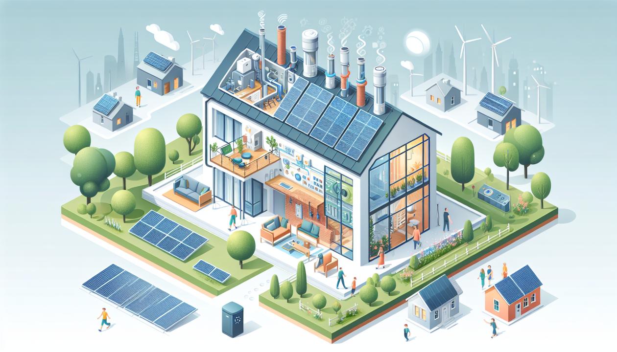 Иллюстрация: жилой дом с современными инженерными системами, включая солнечные панели, системы вентиляции и кондиционирования, умное управление освещением и отоплением.