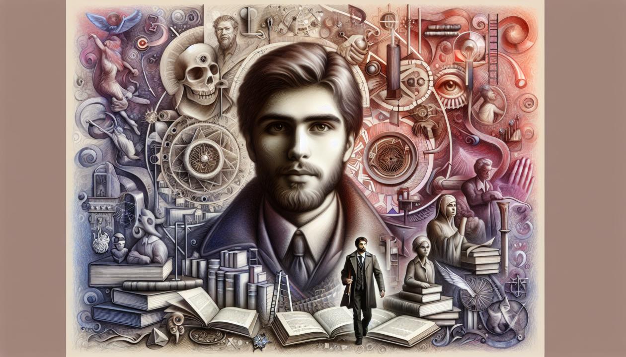 Изображение Виктора Пелевина с книгами и символикой его произведений.