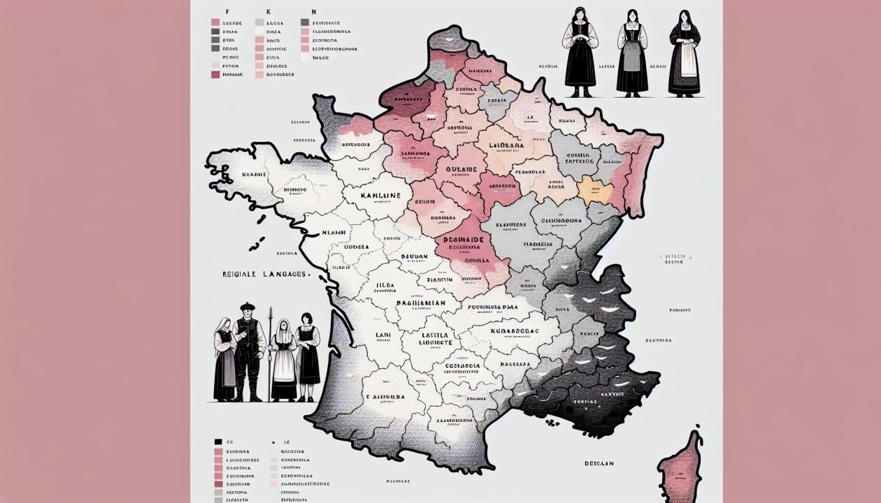 Карта Франции с отметками основных региональных языков и диалектов.