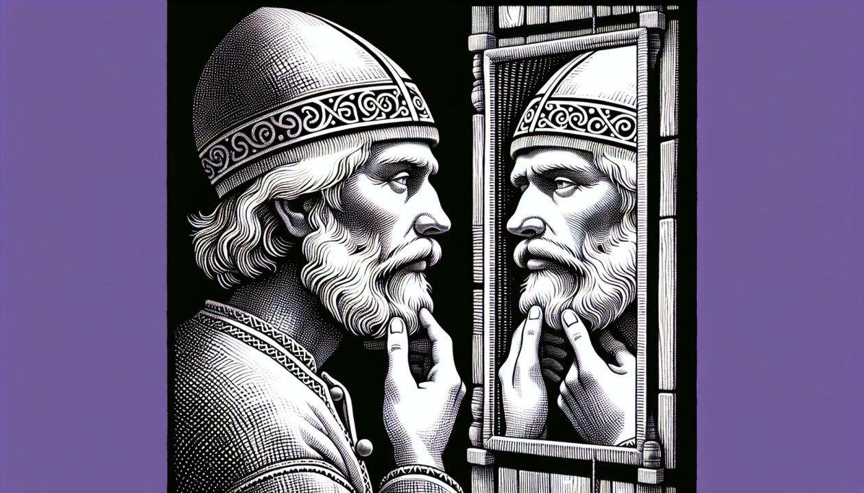 Иллюстрация для проекта: изображение человека, вглядывающегося в себя через зеркало, символизирующее процесс самопознания и саморазвития.