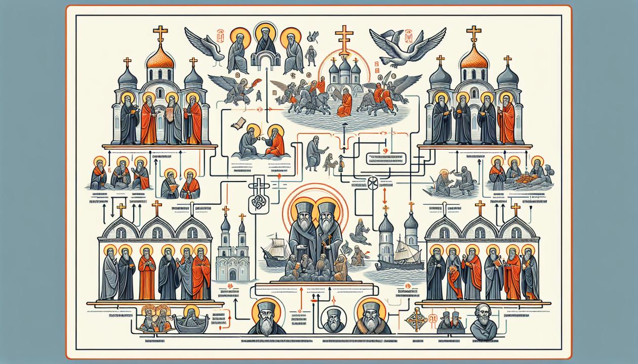 Схематичное изображение двух течений русской православной церкви, а также изображение ключевых исторических моментов и лидеров движений.