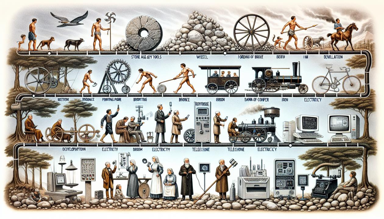 Изобразите эволюцию технологий на временной шкале, начиная с первых инструментов в каменном веке и заканчивая современными высокотехнологичными устройствами.