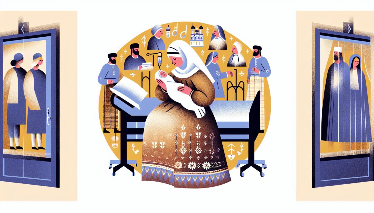 Иллюстрация к реферату: изображение женщины в больничном халате и с младенцем, показывающей затруднения в подъеме из кровати после КС