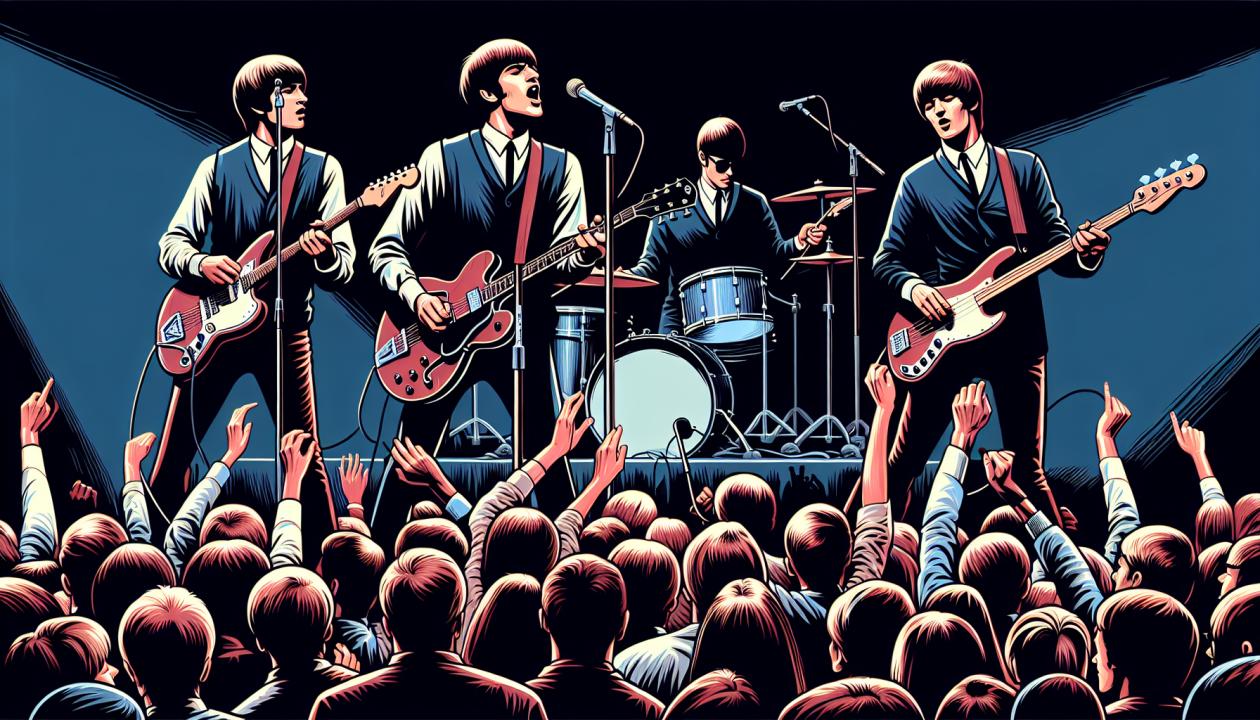 An illustration showcasing The Beatles performing live in their iconic appearance, captivating the audience with their electrifying music and stage presence.