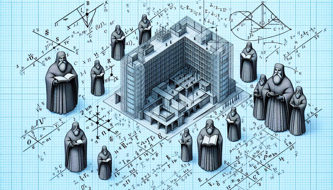 Illustration of an architectural model with calculus symbols and equations