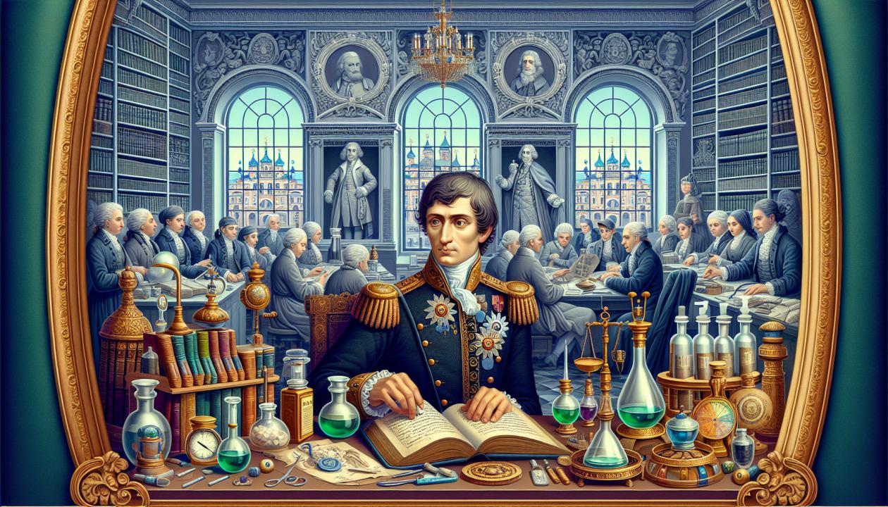 Представьте изображение Петра I в окружении медицинских книг и инструментов, отражающее его интерес к медицине и фармацевтике, а также открытие первой госпитальной школы.