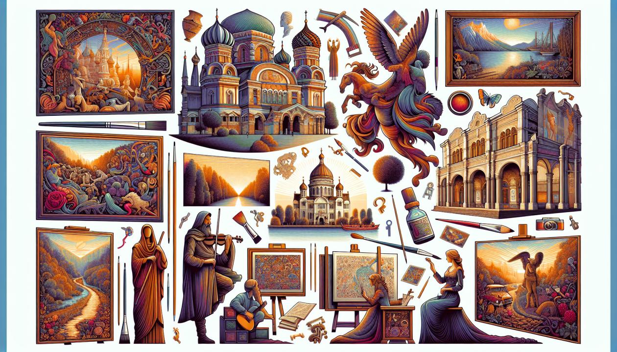 Изображение различных видов изобразительного искусства: живописные картины, графические работы, архитектурные здания, всех в ярком и насыщенном цвете, символизирующем эмоции и творчество.