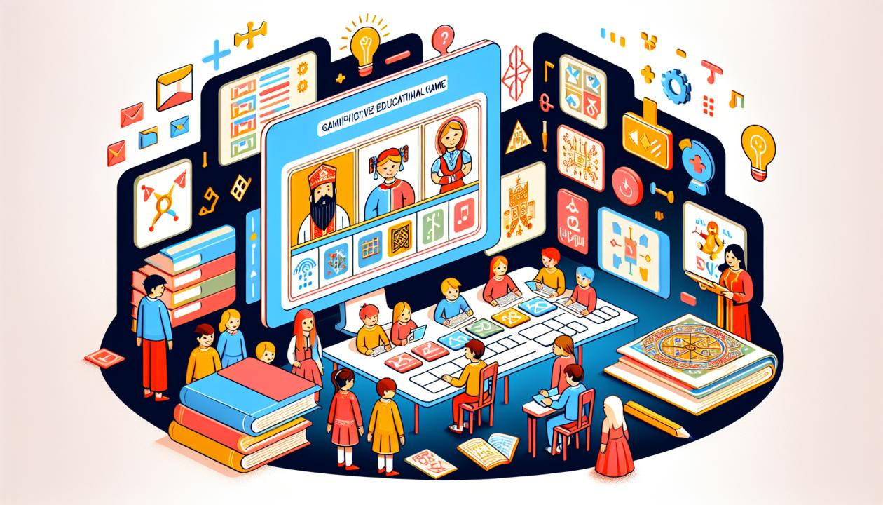 Изображение интерактивного образовательного интерфейса с элементами геймификации, школьники взаимодействуют с тренажерами на компьютере.