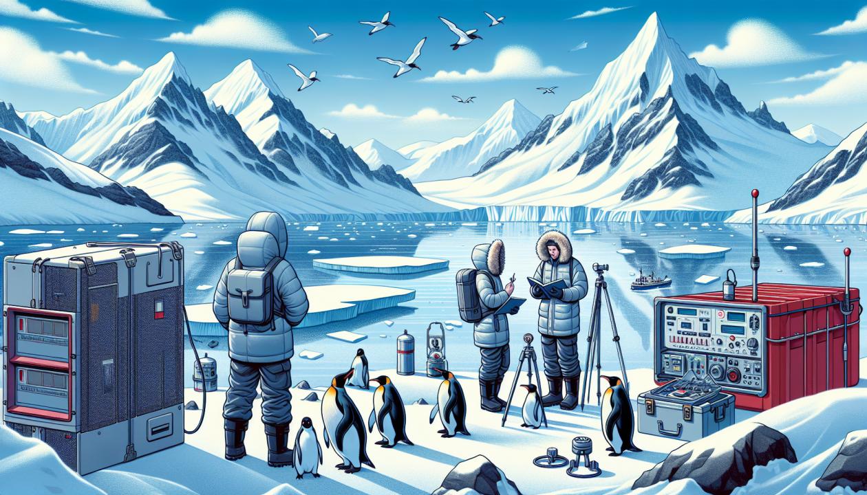 Ледяные горы, пингвины, морские льды, научные инструменты, ученые в экспедиции