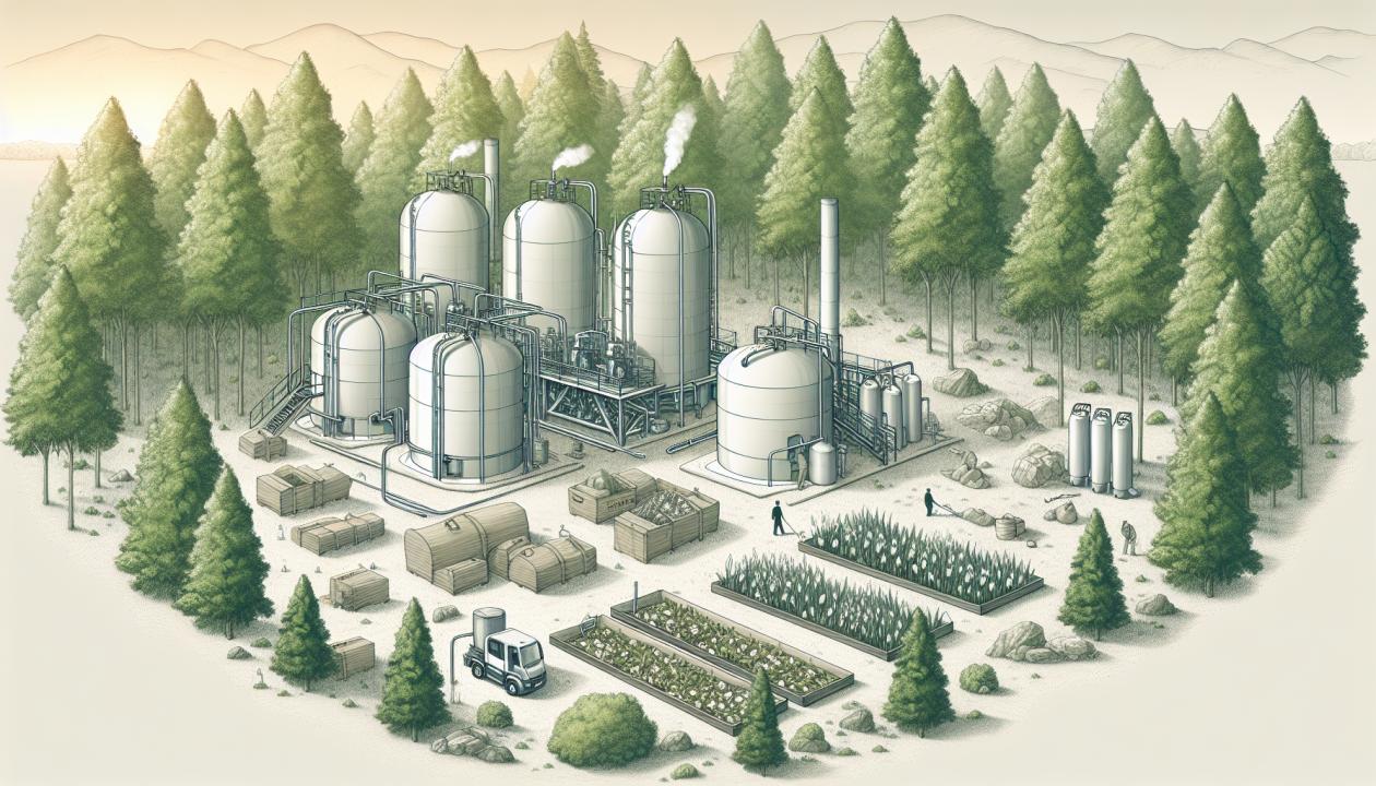 Изображение установок для производства биогаза, с компонентами: ферментеры, системы очистки газа, органические отходы и природа в фоновом режиме.