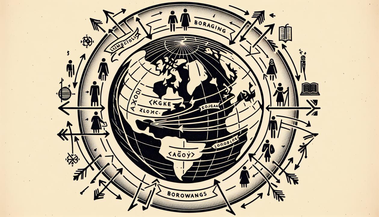 Иллюстрация проекта: изображение глобуса с отмеченными языковыми заимствованиями и стрелками, указывающими направление их распространения.