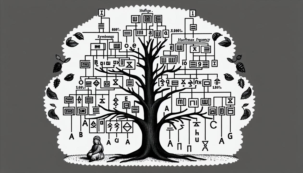 Иллюстрация дерева Хаффмана с символами и их частотой, показывающая процесс кодирования и декодирования.