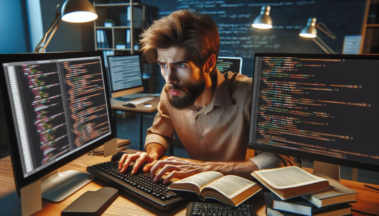 Изображение программиста, изучающего английский язык в процессе работы над программным кодом.