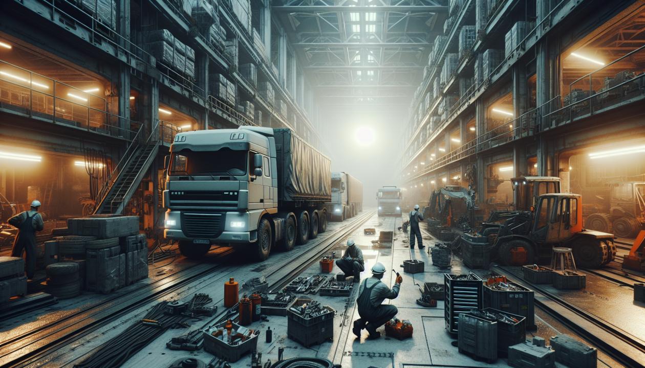 Ремонтная зона с грузовыми автомобилями и оборудованием для проведения технического обслуживания