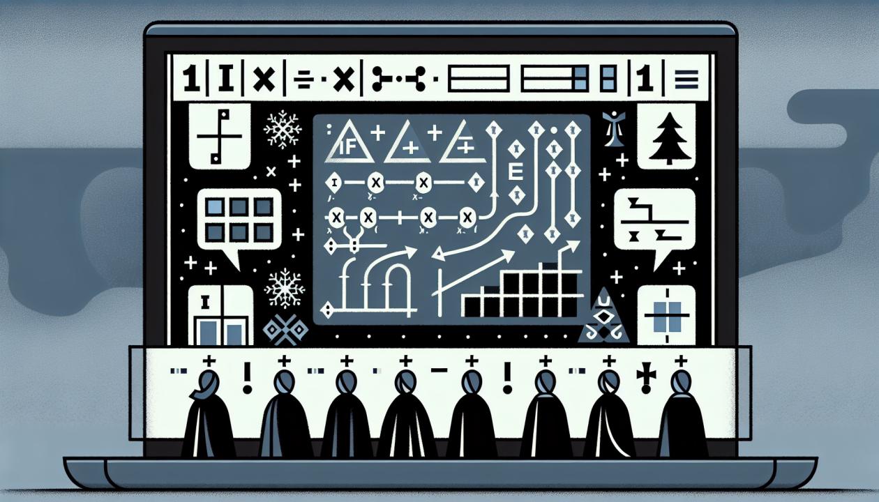 Иллюстрация логических функций в MS Excel: на экране компьютера отображены формулы ЕСЛИ, И, ИЛИ с примерами применения и графическими элементами, напоминающими схемы принятия решений.