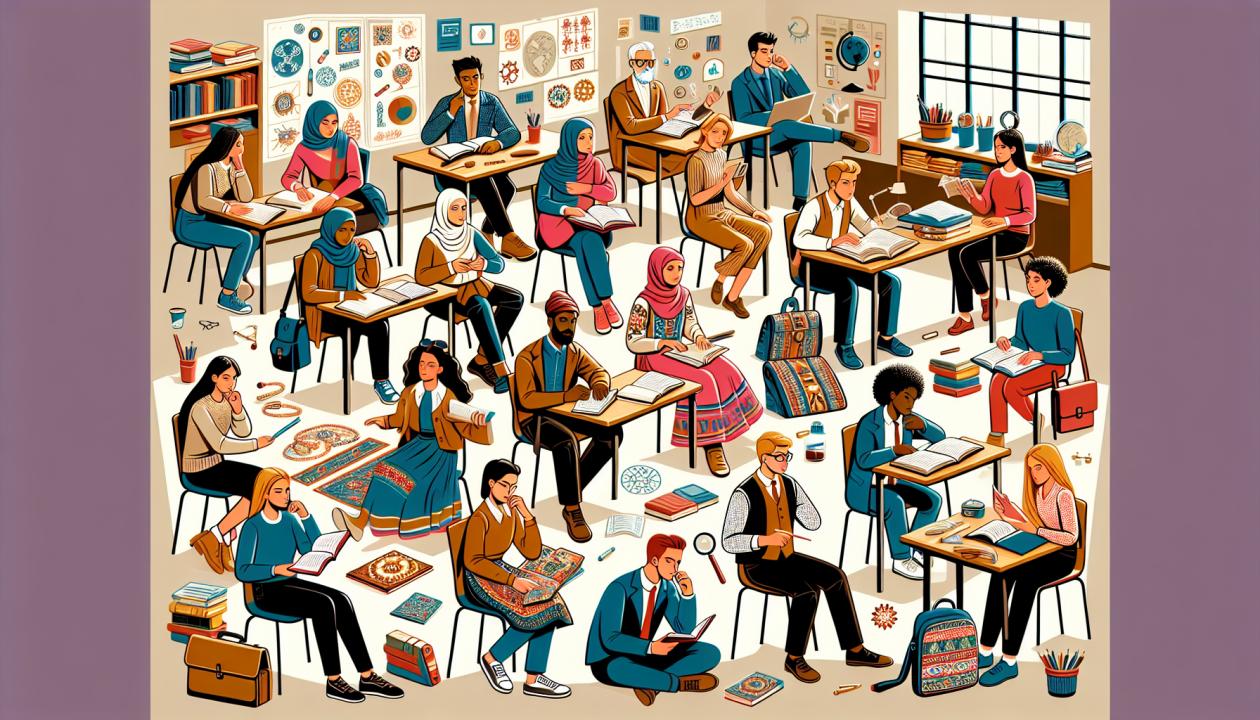 An illustration featuring students from different cultural backgrounds studying in English-speaking countries.