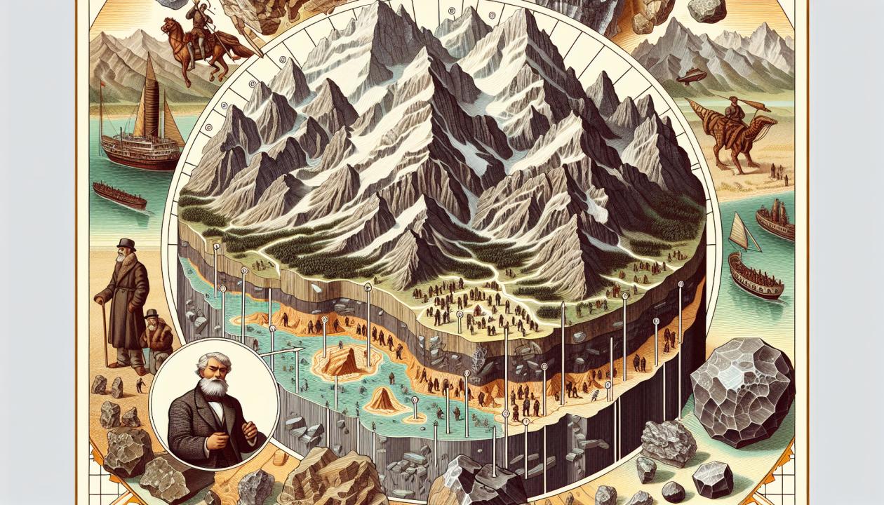 Графическое изображение земной коры с горными породами и указанием на различные типы минеральных ресурсов.