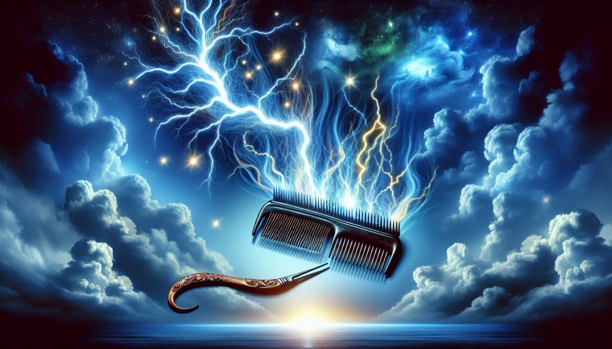 Изображение молнии на фоне грозового неба, с яркими разрядами электричества и яркими облаками. Также можно добавить изображение расчески и волос для иллюстрации статического электричества.