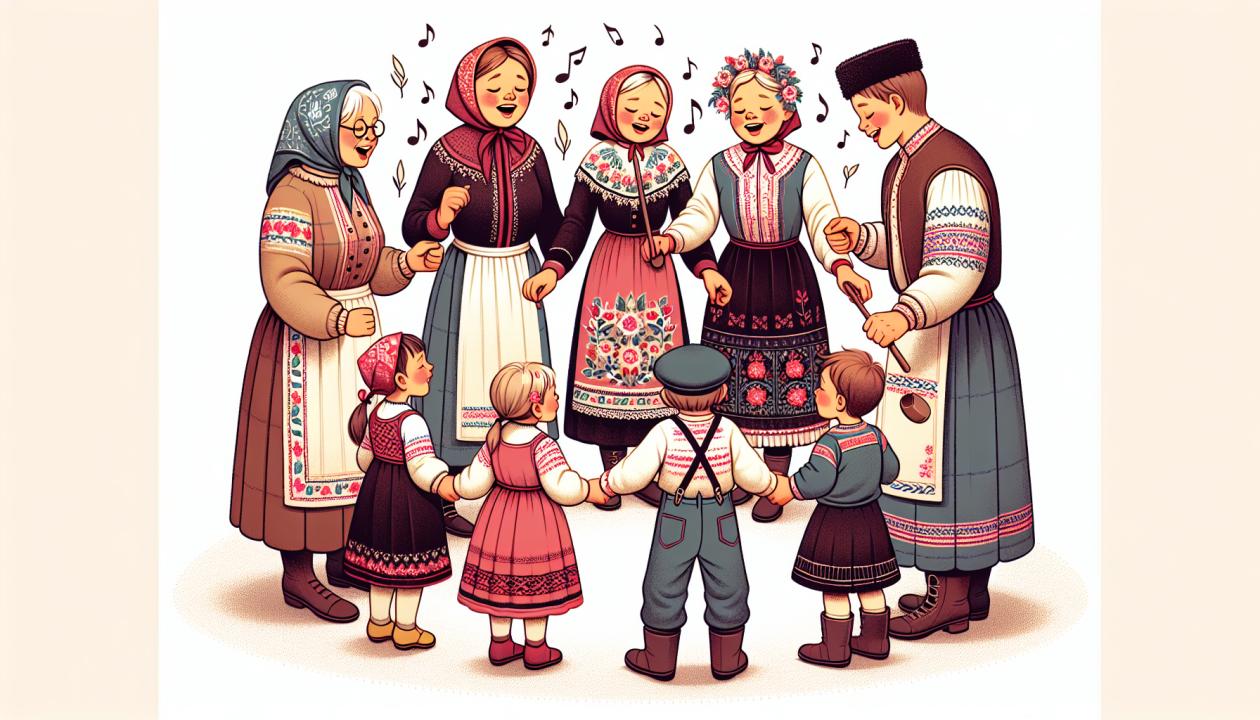 Изображение детей в кругу, запевающих колыбельную песню, с родителями или бабушкой, иллюстрирующее сохранение малых жанров фольклора.