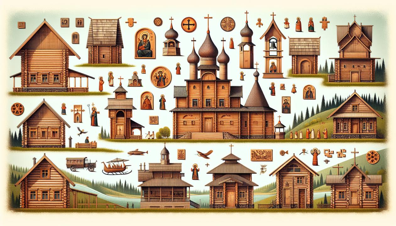 Деревянные постройки, храмы, колокольни, иконы, предметы быта, природный ландшафт.