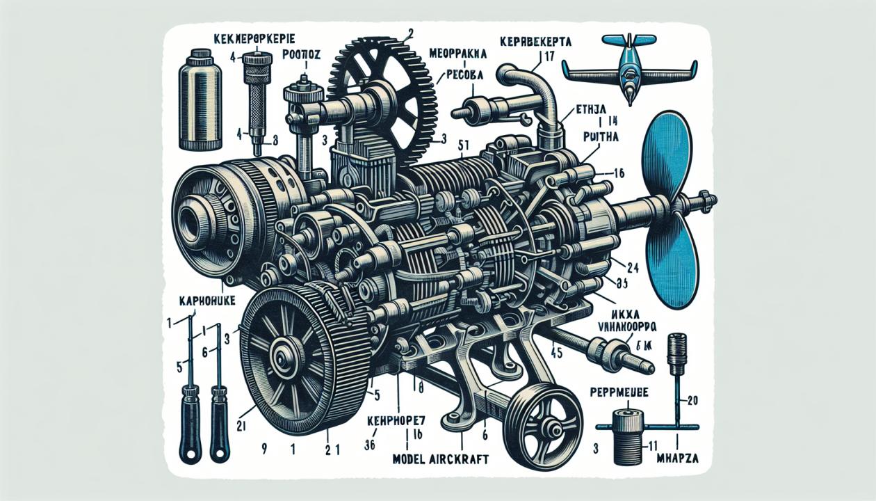 Иллюстрация авиамодельного двигателя МК-17 с различными модификациями и его применением в авиамоделировании.