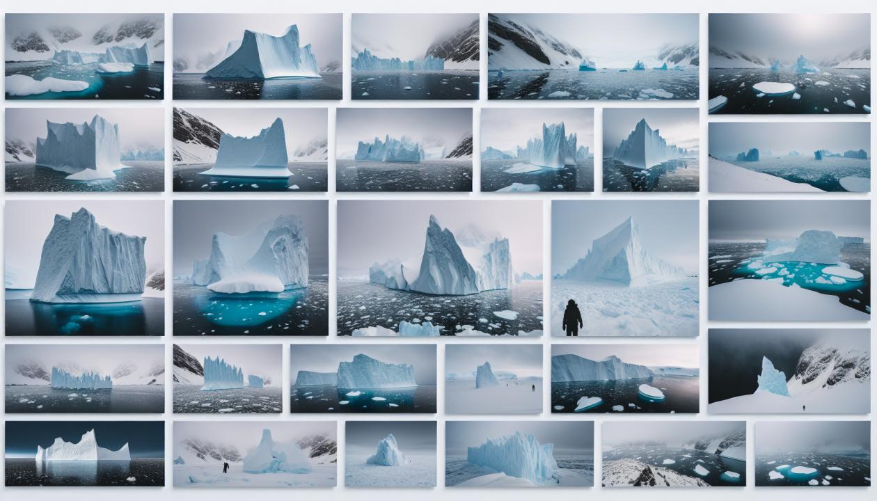 Фотографии айсбергов в Антарктиде, представляющие разнообразные формы, цвета и размеры гигантских ледяных гор.