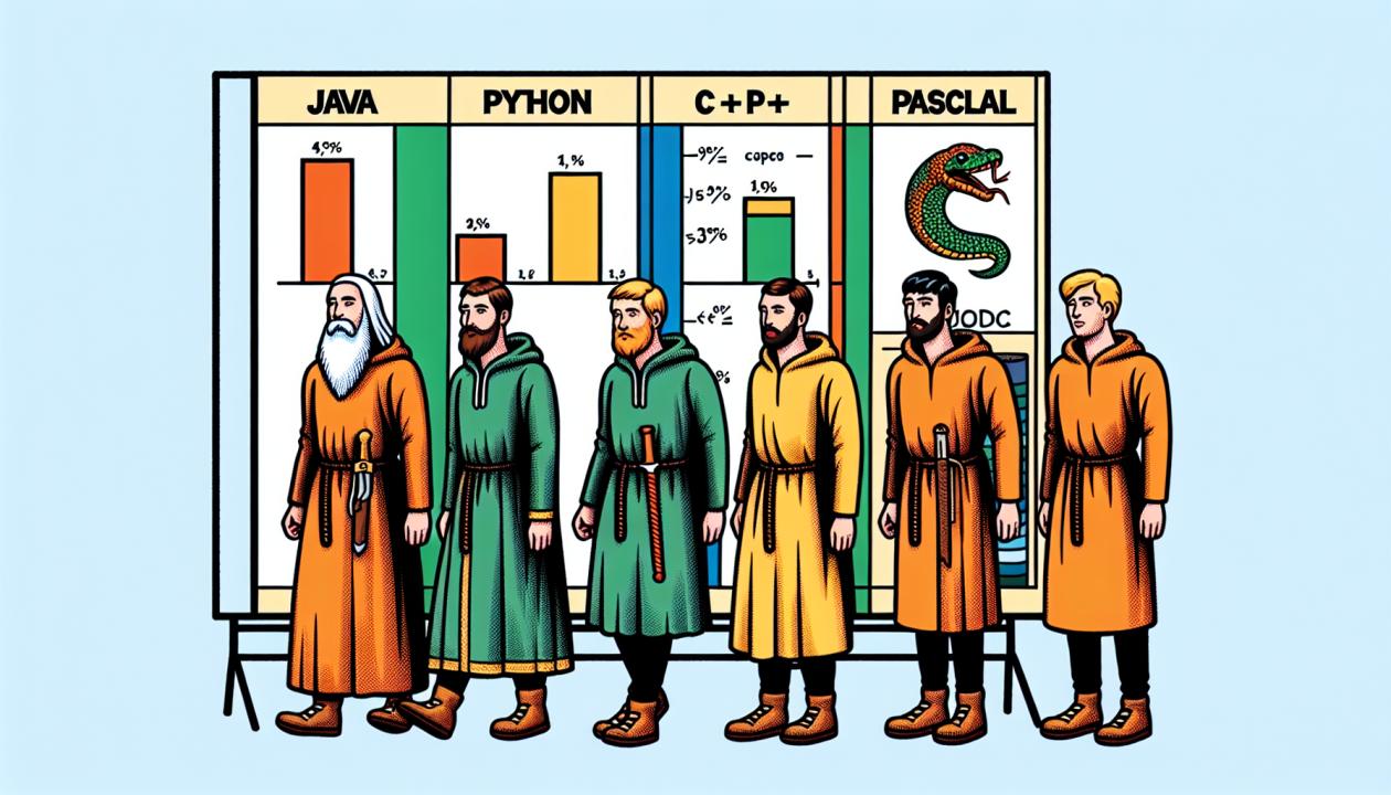 Иллюстрация сравнения основных характеристик Java, Python, C++, Pascal в виде диаграммы или таблицы.
