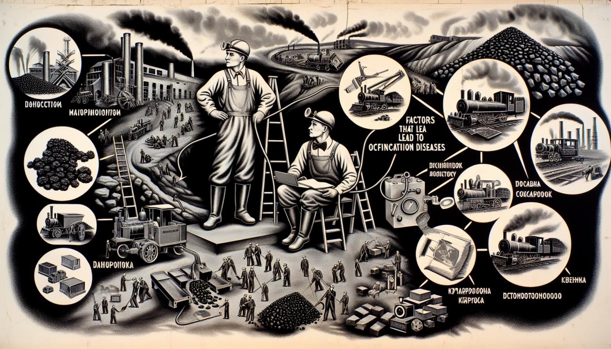 Шахтер в шахте, окруженный углем и инструментами, демонстрирующий факторы, приводящие к профессиональным заболеваниям
