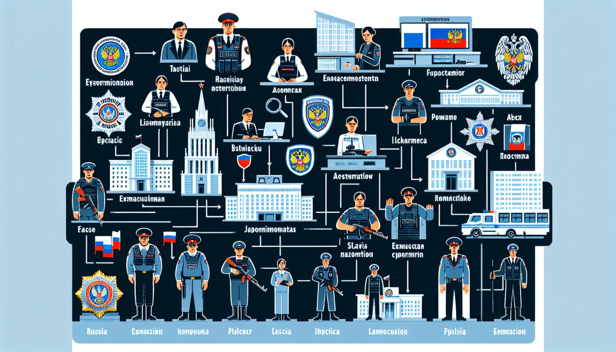 Иллюстрация представляет собой схему структуры различных правоохранительных органов в России с обозначением их полномочий.