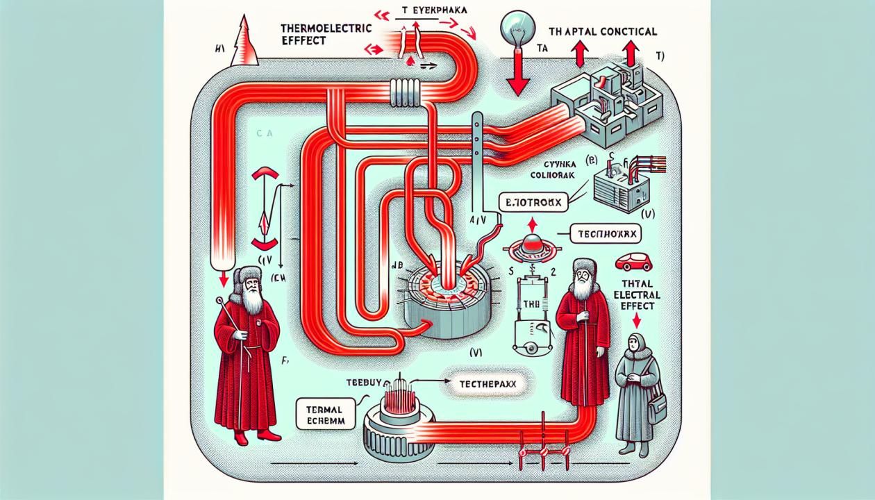 Диаграмма, показывающая взаимосвязь между тепловыми и электрическими потоками в проводнике, а также примеры применения термоэлектрического эффекта в охлаждении и преобразовании тепловой энергии в электрическую.