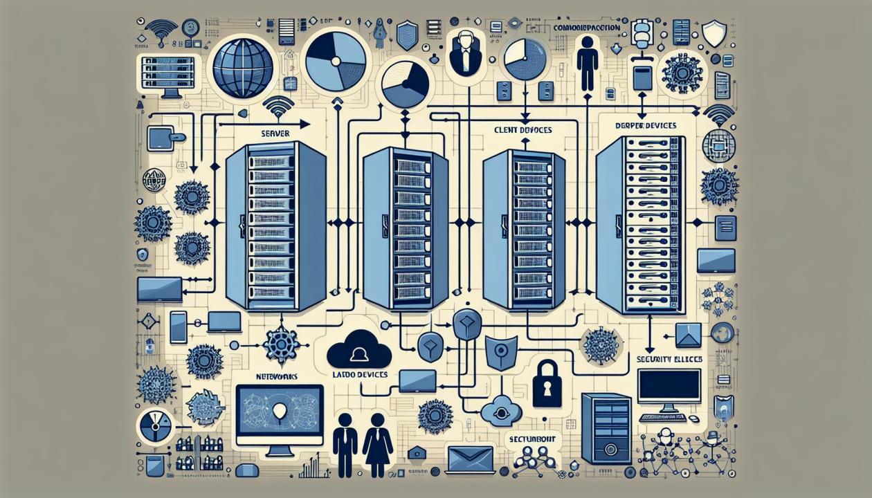 Схематическое изображение серверной инфраструктуры, включая серверы, сети, клиентские устройства и элементы безопасности.