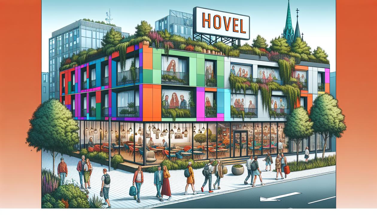Иллюстрация хостела Hovel, современное здание с ярким дизайном, окруженное зелеными насаждениями и пешеходами, с видимой вывеской на фасаде, фотографии гостей, наслаждающихся общением в стильном лаундж-области.