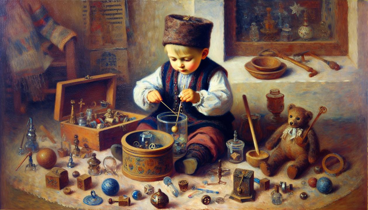 Рисунок маленького ребенка, играющего с игрушками и различными предметами, отражающий предметно-манипулятивную деятельность в раннем детстве.