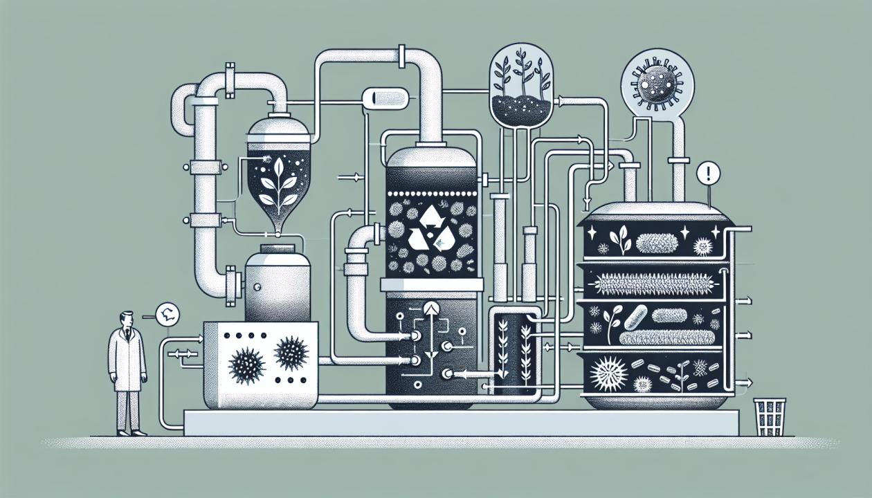 Иллюстрация биологической очистки выбросов воздуха с использованием микроорганизмов и технологических процессов.
