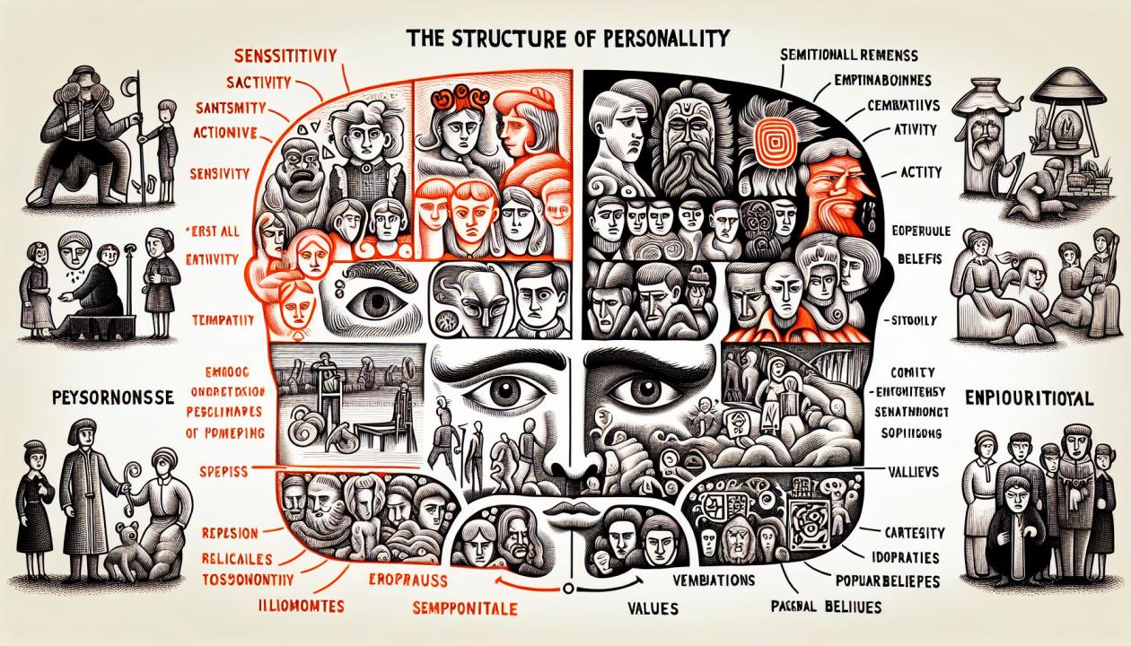 Иллюстрация проекта: половина изображения отображает качества темперамента (сензитивность, активность, эмоциональность), вторая половина - структуру характера (ценности, убеждения).