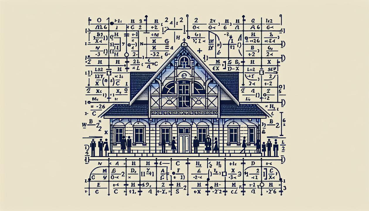Схематичное изображение здания, на котором представлены квадратные уравнения, используемые для расчетов и моделирования