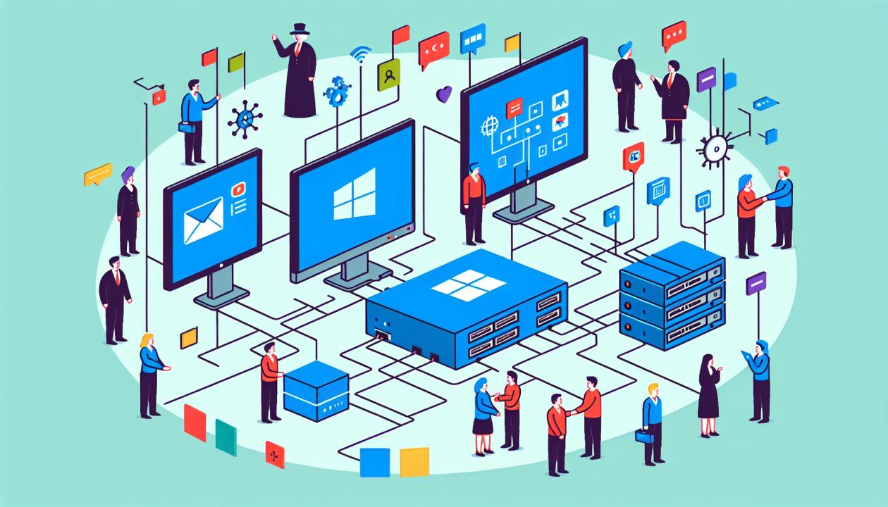 Для иллюстрации работы можно использовать схему построения корпоративной сети на базе ОС Windows с указанием основных компонентов и их взаимодействия.