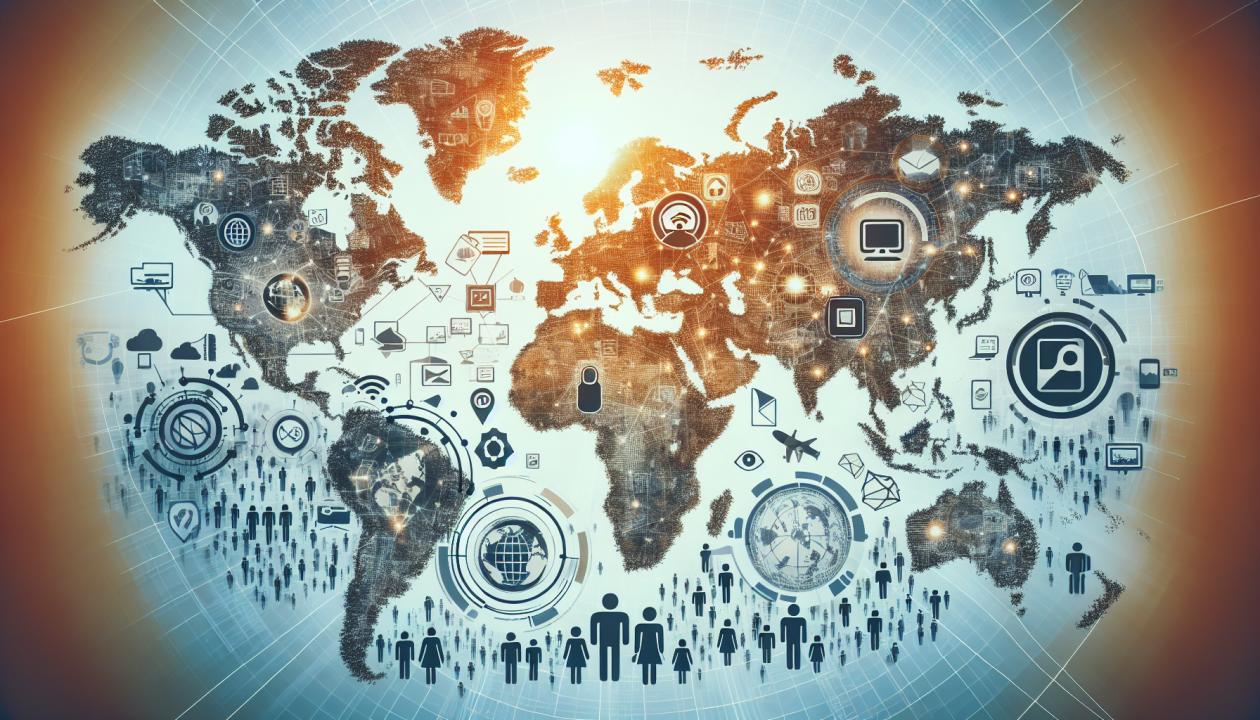Изображение масштабной карты мира, на фоне которой представлены различные маркетинговые и цифровые инновации в туризме.