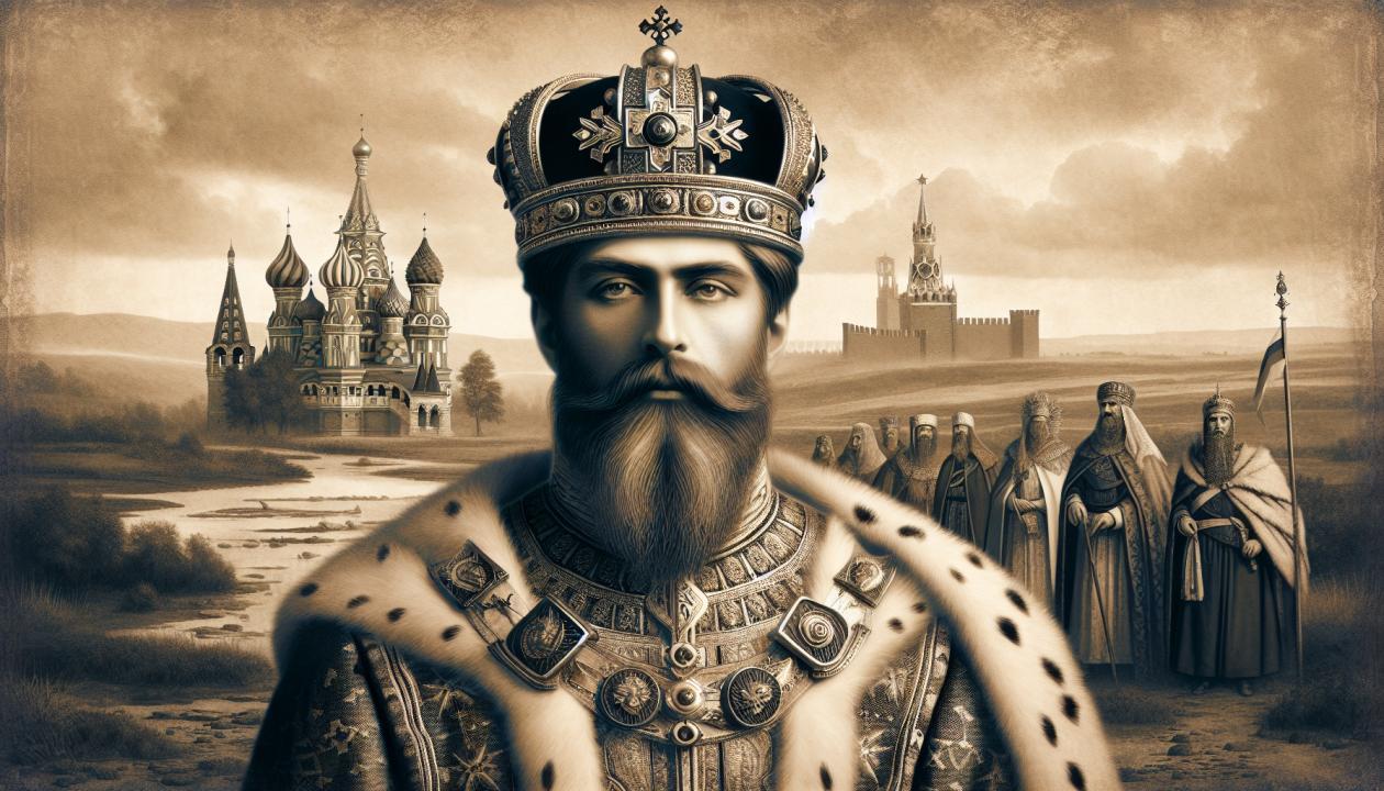 Изображение Ивана IV с короной на фоне древнерусского пейзажа, символизирующее его величие и противоречивость.