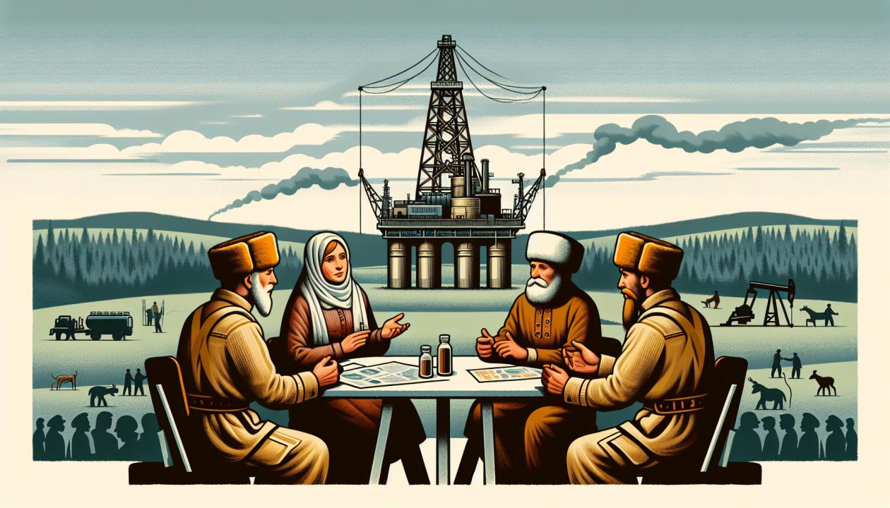 Нефтяная вышка, на фоне которой виднеются экологические объекты и люди в рабочей форме, обсуждающие безопасность и экологию.