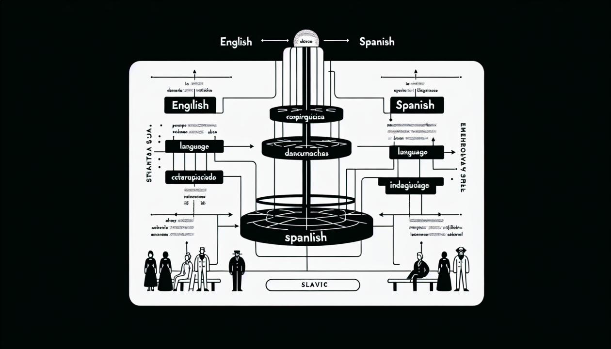 Графическое изображение сравнительной таблицы с характеристиками английского и испанского языков, а также схемой влияния языковой структуры на процесс изучения второго языка.