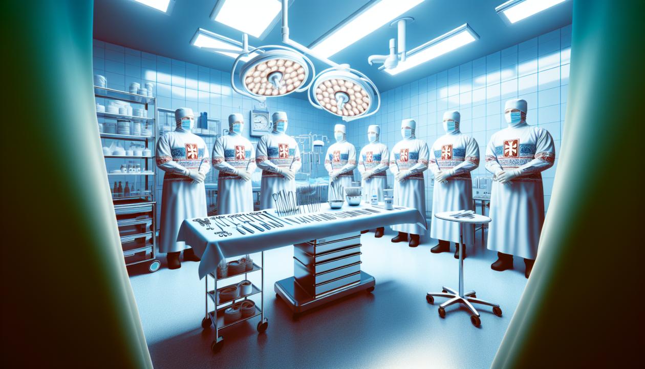 Изображение хирургического кабинета со стерильным инструментарием и оборудованием, а также санитарно-гигиенических требований, таких как ношение масок и перчаток.