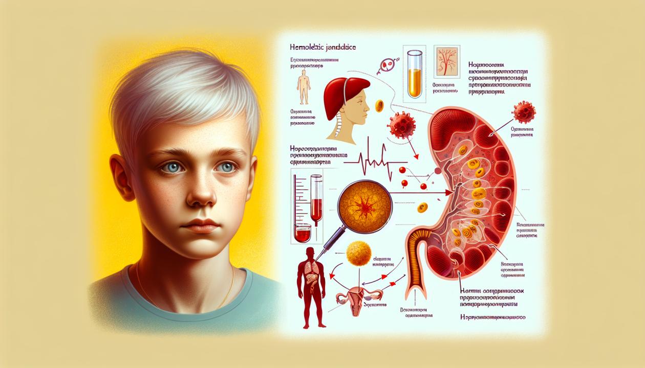 Изображение, иллюстрирующее гемолитическую желтуху: на переднем плане желтая кожа человека из-за желтухи, на заднем фоне - схема, показывающая процесс разрушения эритроцитов с выделением билирубина, а также микроскопическое изображение эритроцитов и состояние печени.
