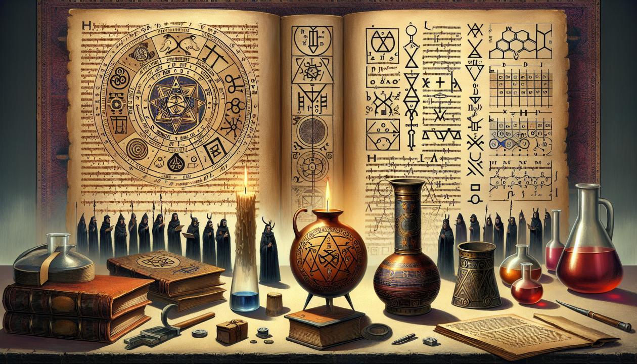 Изображение древних символов алхимии и страницы старинного манускрипта или химических формул, символизирующих переход от алхимии к современной науке.