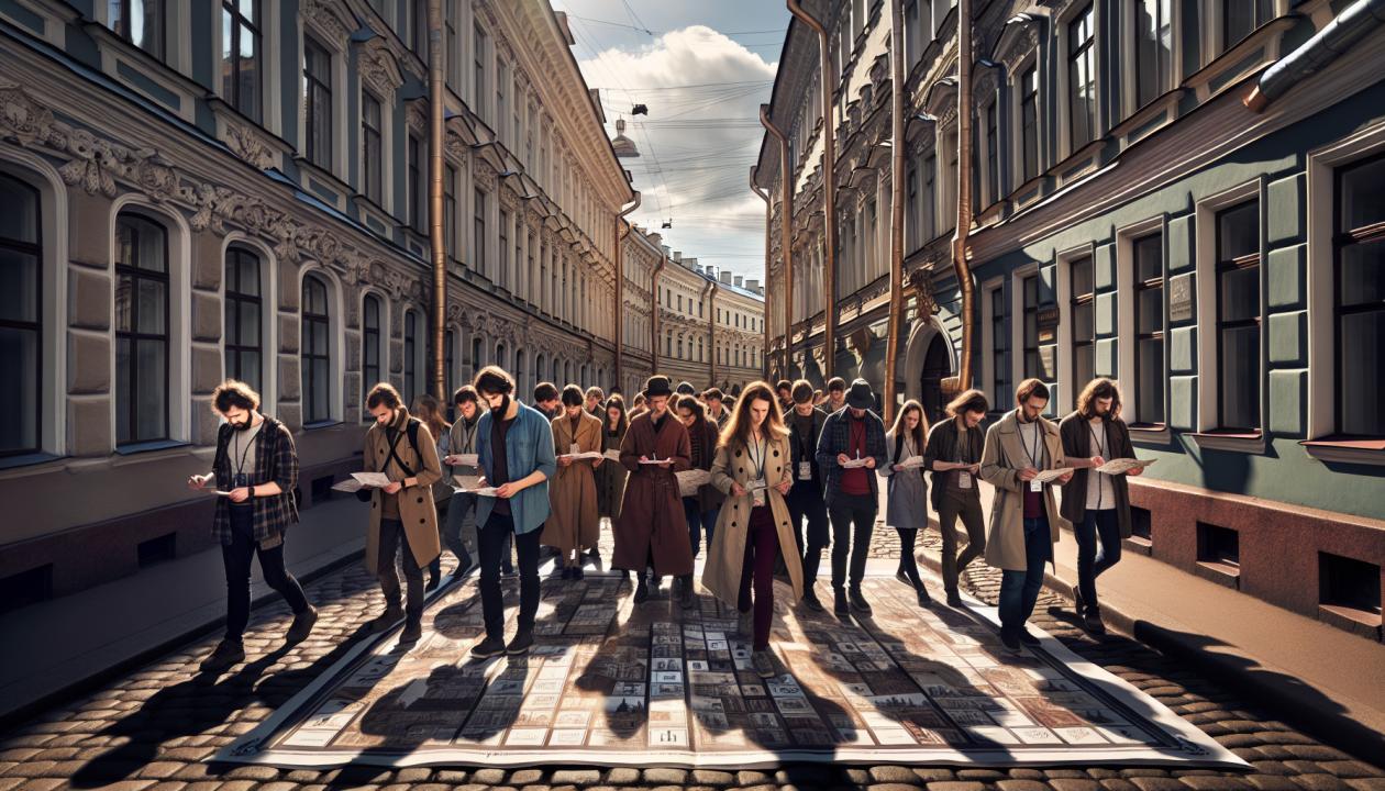 Изображение квестающих участников, проходящих через исторические улицы Санкт-Петербурга, отгадывающих головоломки и выполняющих задания.