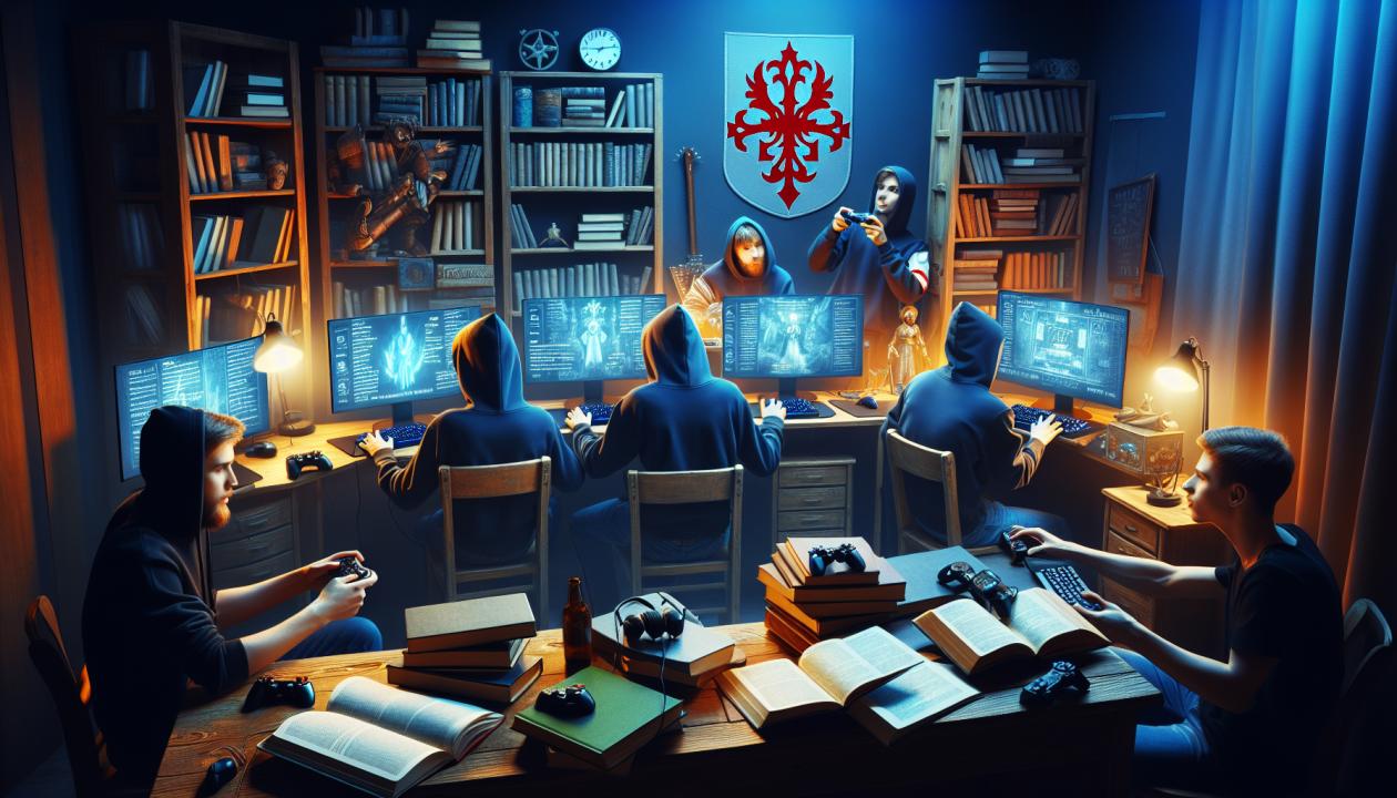 Изображение группы подростков, играющих в компьютерные игры и занимающихся учебой.
