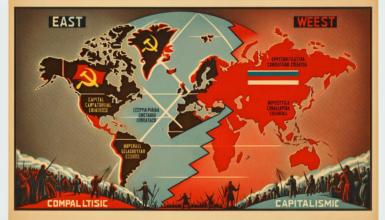 Иллюстрация должна изображать символическое разделение мира на два лагеря: восточный (СССР) и западный (США), возможно, с использованием мапы мира с напряженной атмосферой.