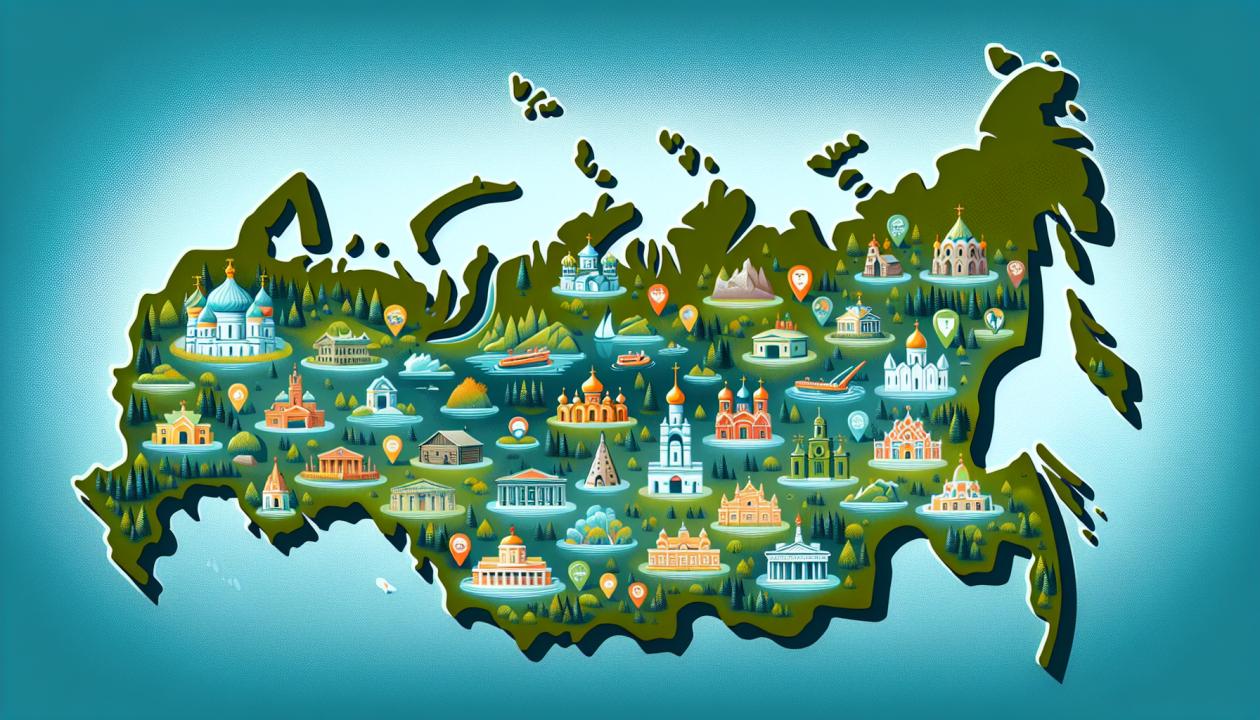 Карта России, на которой отмечены новые объекты Всемирного наследия ЮНЕСКО, включая природные и культурные памятники, с яркими цветами и иконками для обозначения каждого объекта. Фон карты должен быть естественного зеленого и синего цвета, чтобы подчеркнуть красоту природы, а также выделить уникальные природные ландшафты.