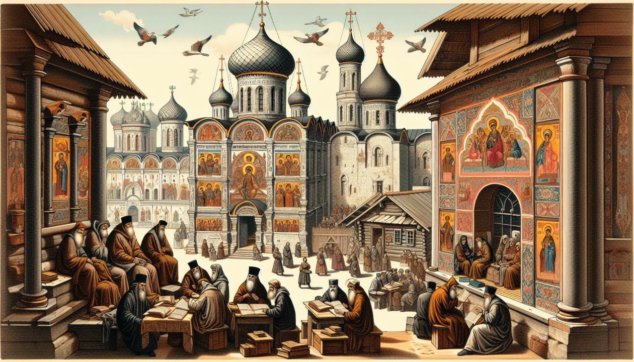 Иллюстрация, изображающая культуру Московского государства в XV—XVII веках: на переднем плане - древние русские соборы, стены которых украшены иконами; на заднем плане - сценка из жизни людей того времени, читающих книги и обсуждающих идеи. Элементы архитектуры в стиле барокко, ярко выраженные православные символы и элементы народного творчества.